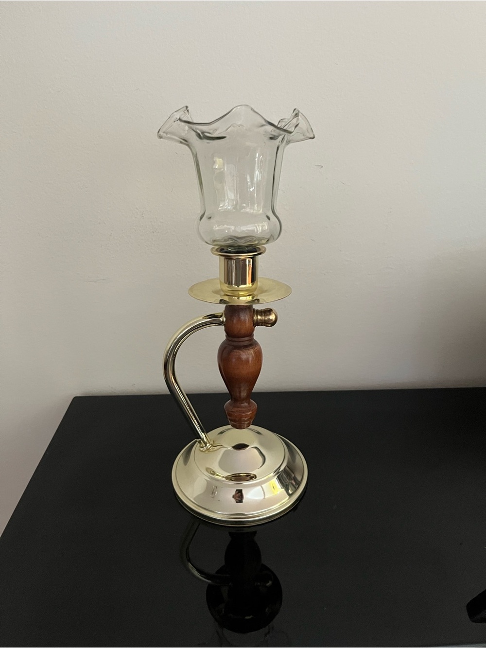 Vintage Convertible Gold-tone Metal & Wood Candle Holder w/ Clear Glass Votive